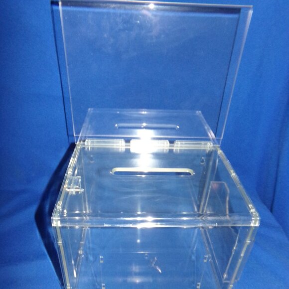 New-LG Acrylic Plastic Locking Ballot, Raffle, Donation Box w/ Advertising Sign - Picture 2 of 7